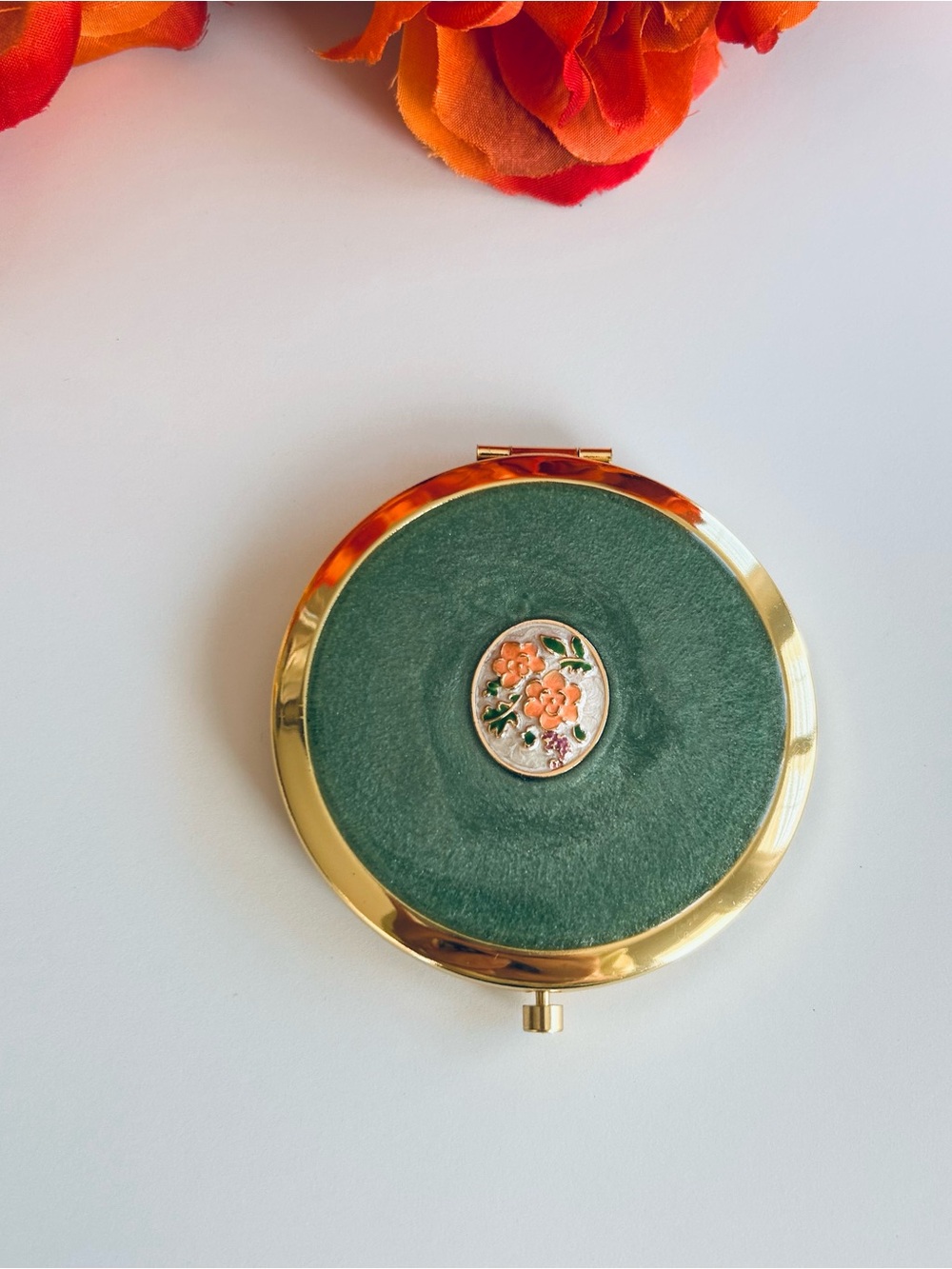 Green Velvet Compact Mirror with Gold Frame and Floral Accent